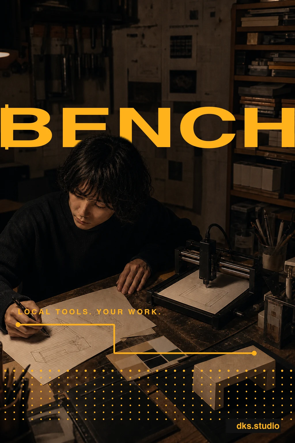 Bench poster: a designer works at a dense offline game-asset bench, with flat amber typography behind him.