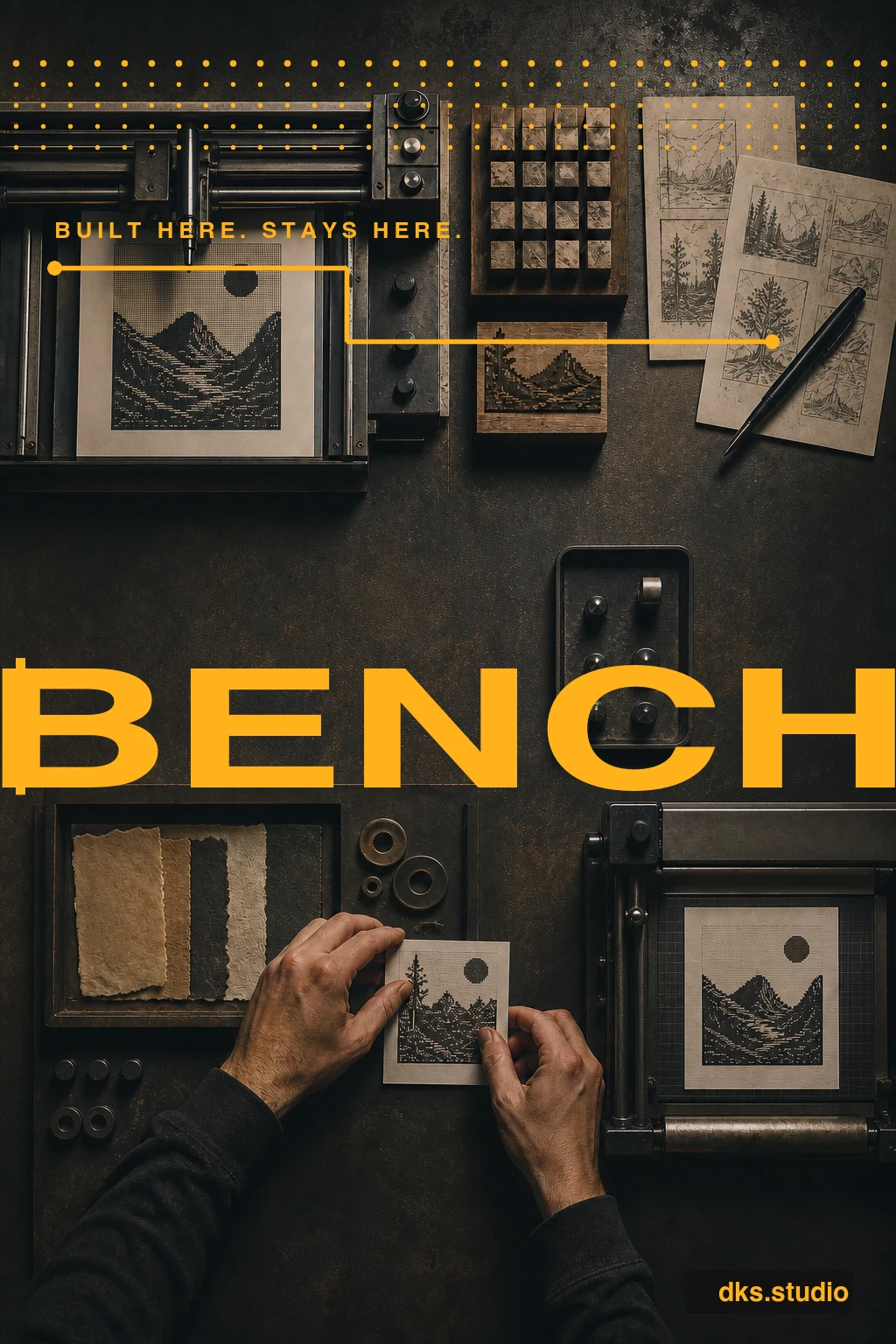 Bench poster: an overhead modular tool bench holds plotters, stamps, and sprite sketches beneath clean amber graphics.