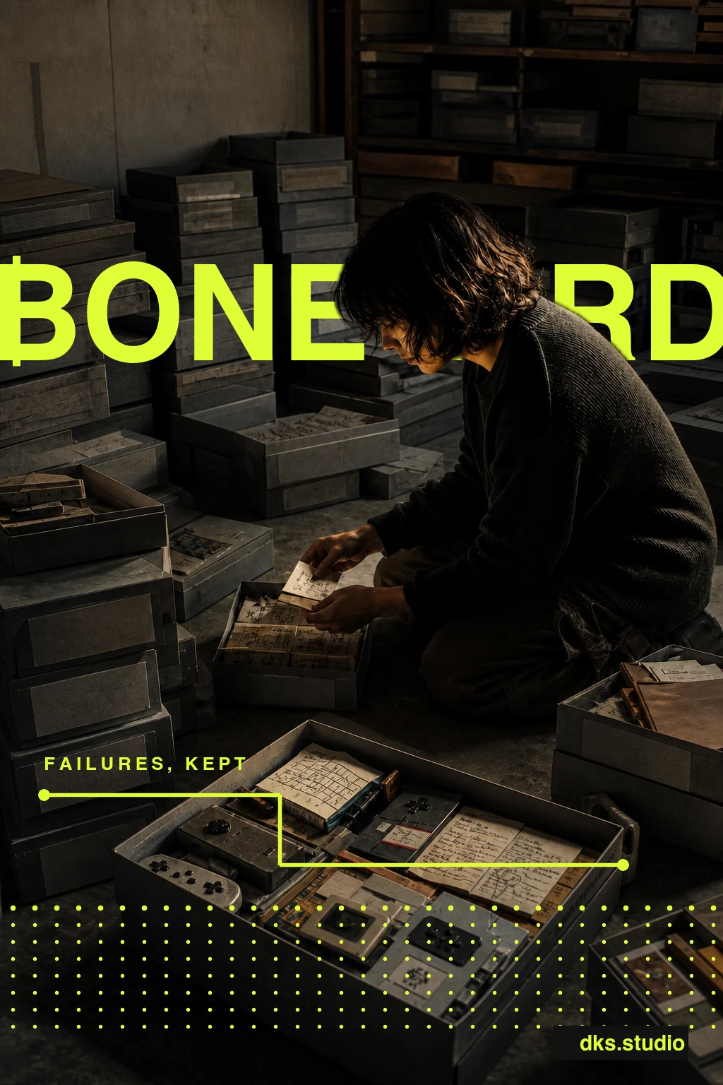 Boneyard poster: a maker searches an archive of abandoned prototypes, with acid-yellow typography behind him.