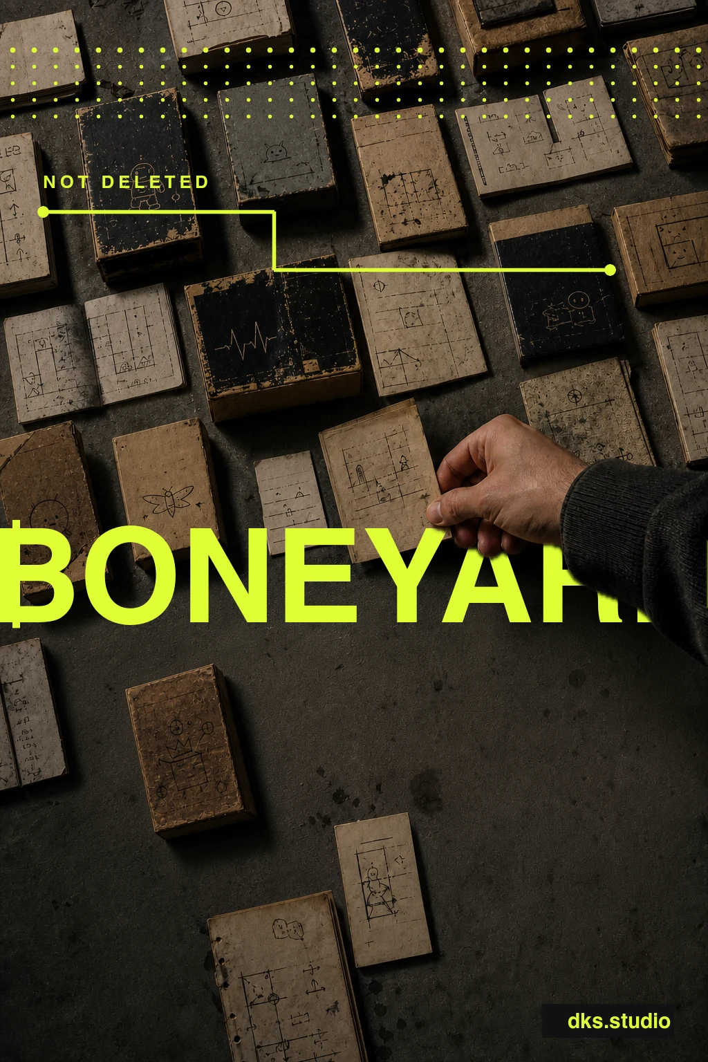 Boneyard poster: a hand preserves one battered prototype among many boxes, under flat acid-yellow graphics.