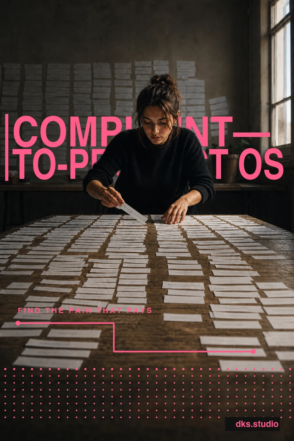 Complaint-to-Product OS poster: a founder clusters recurring complaints across a long table, with flat pink typography behind him.