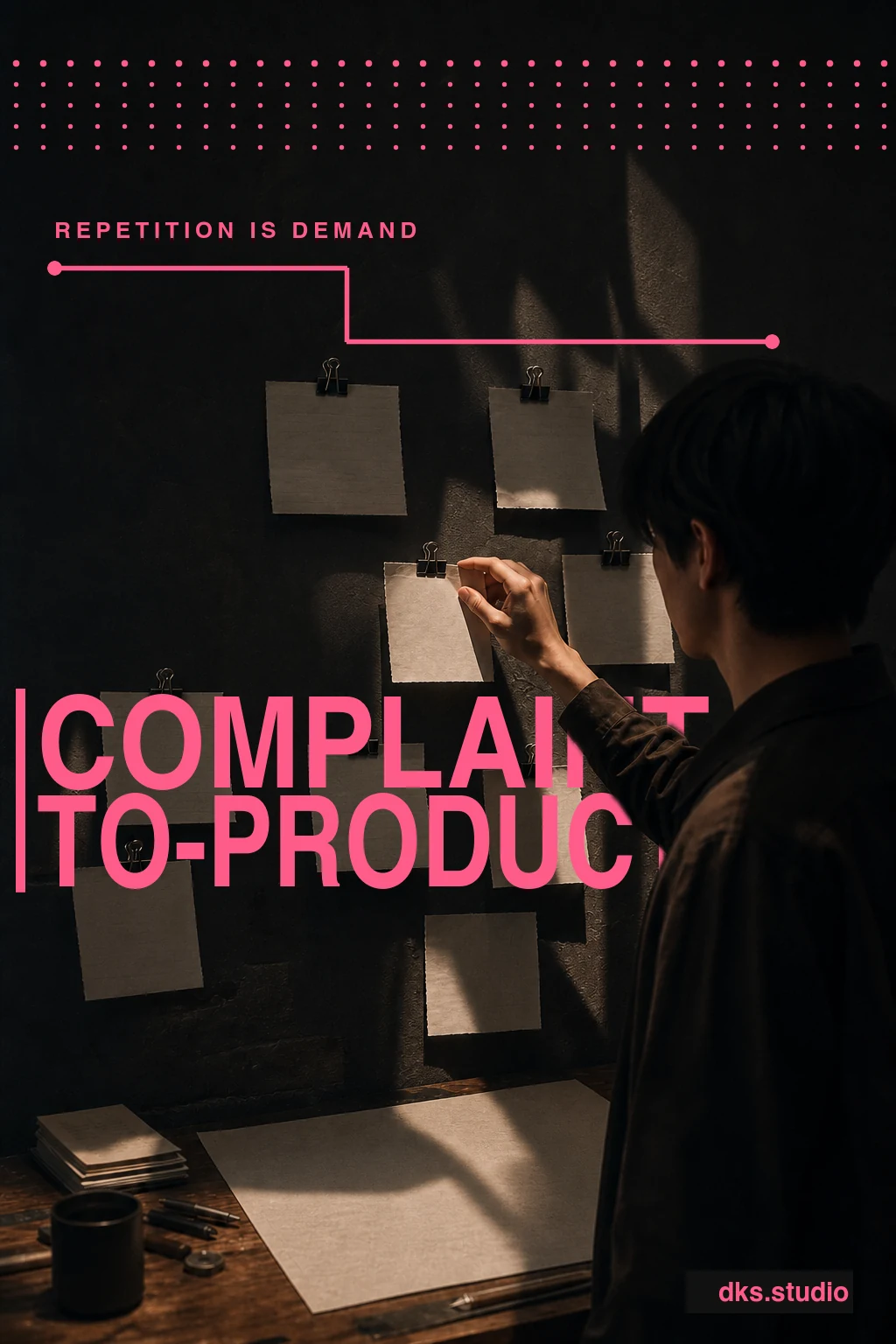 Complaint-to-Product OS poster: a researcher pins repeated problems into a demand pattern beneath clean pink graphics.