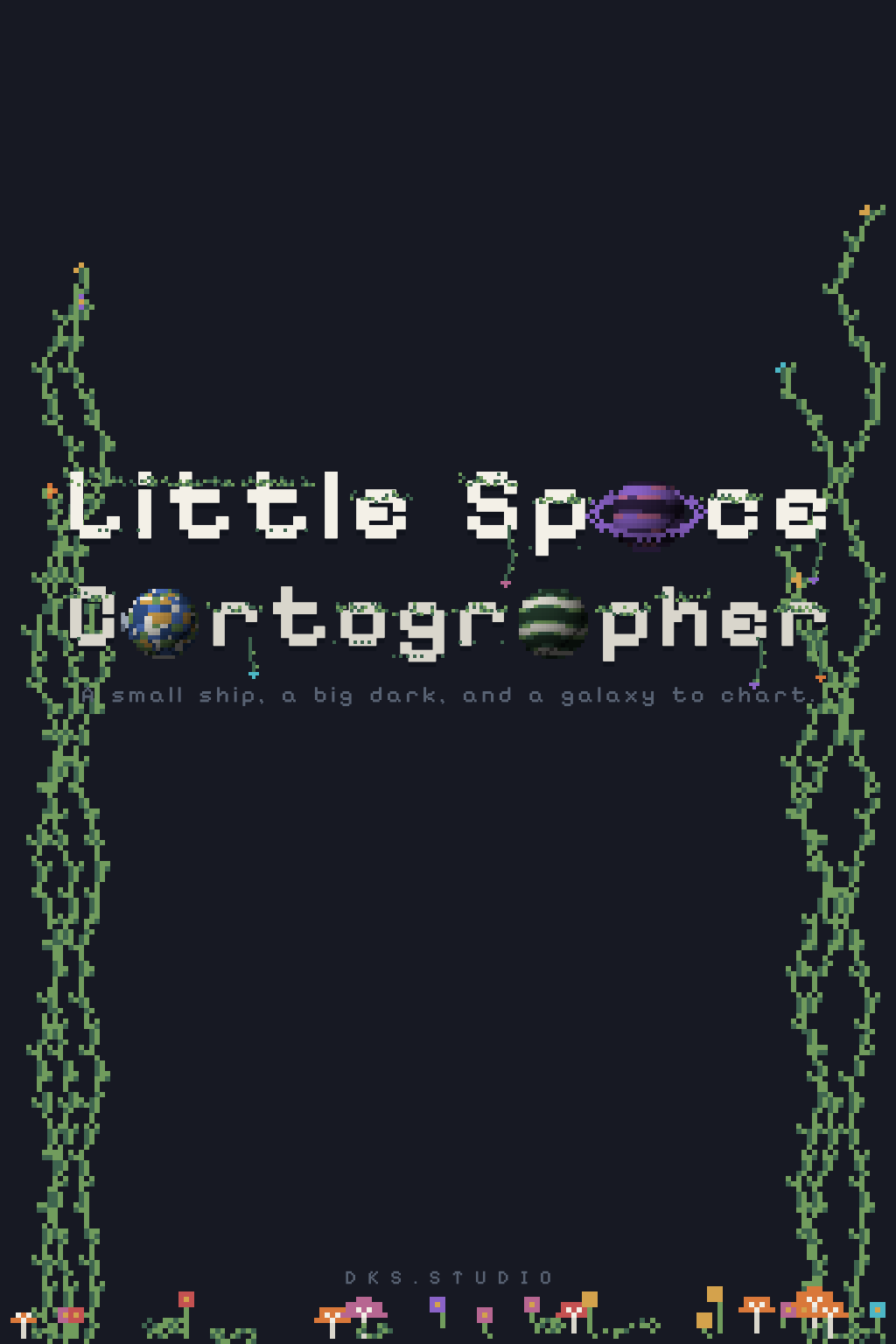 Little Space Cartographer poster: the title sign grown over with vines and moss, small worlds turning where the a's should be.