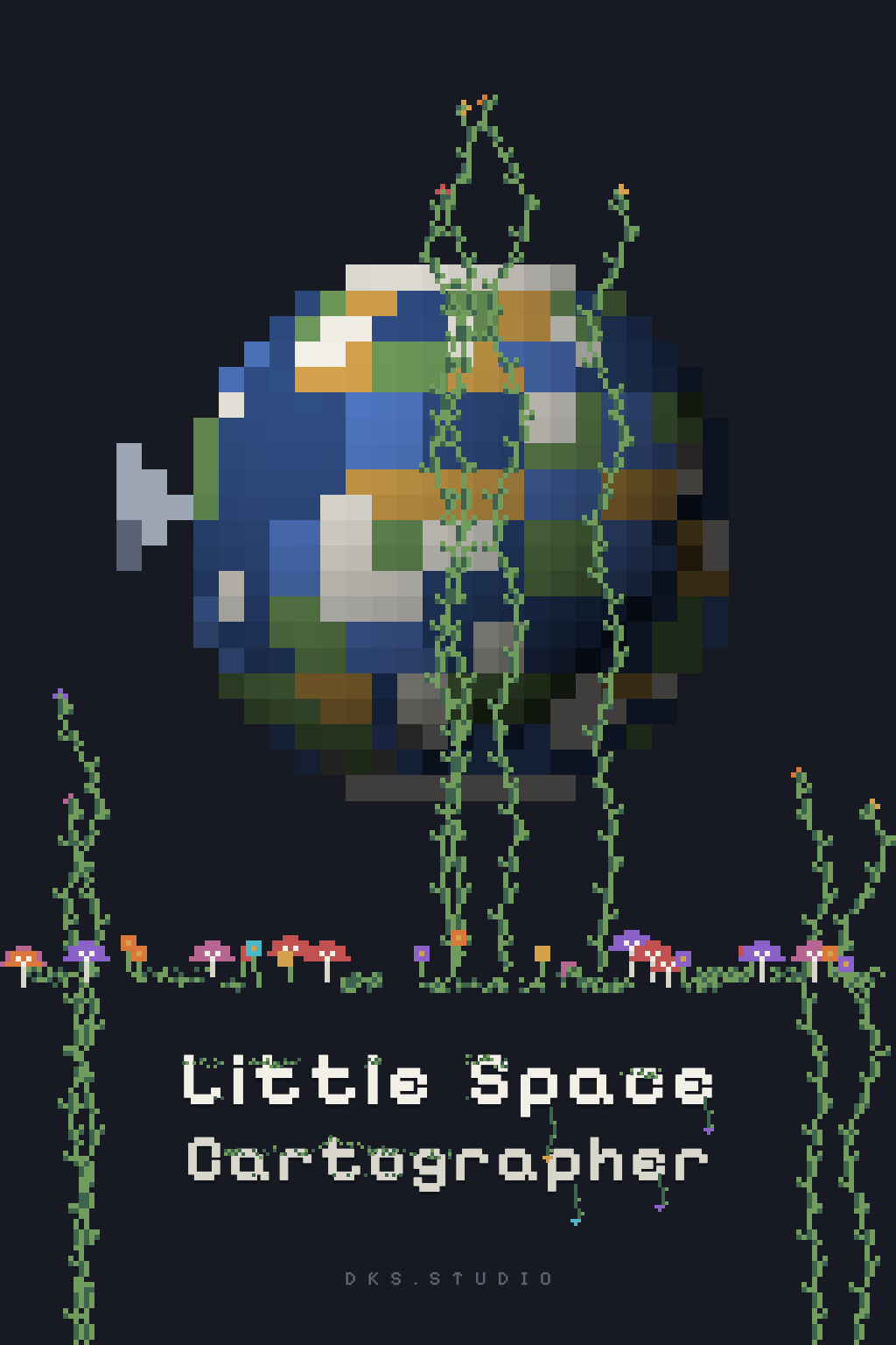 Little Space Cartographer poster: one small blue world with its moon, overgrown, the title set small beneath it.