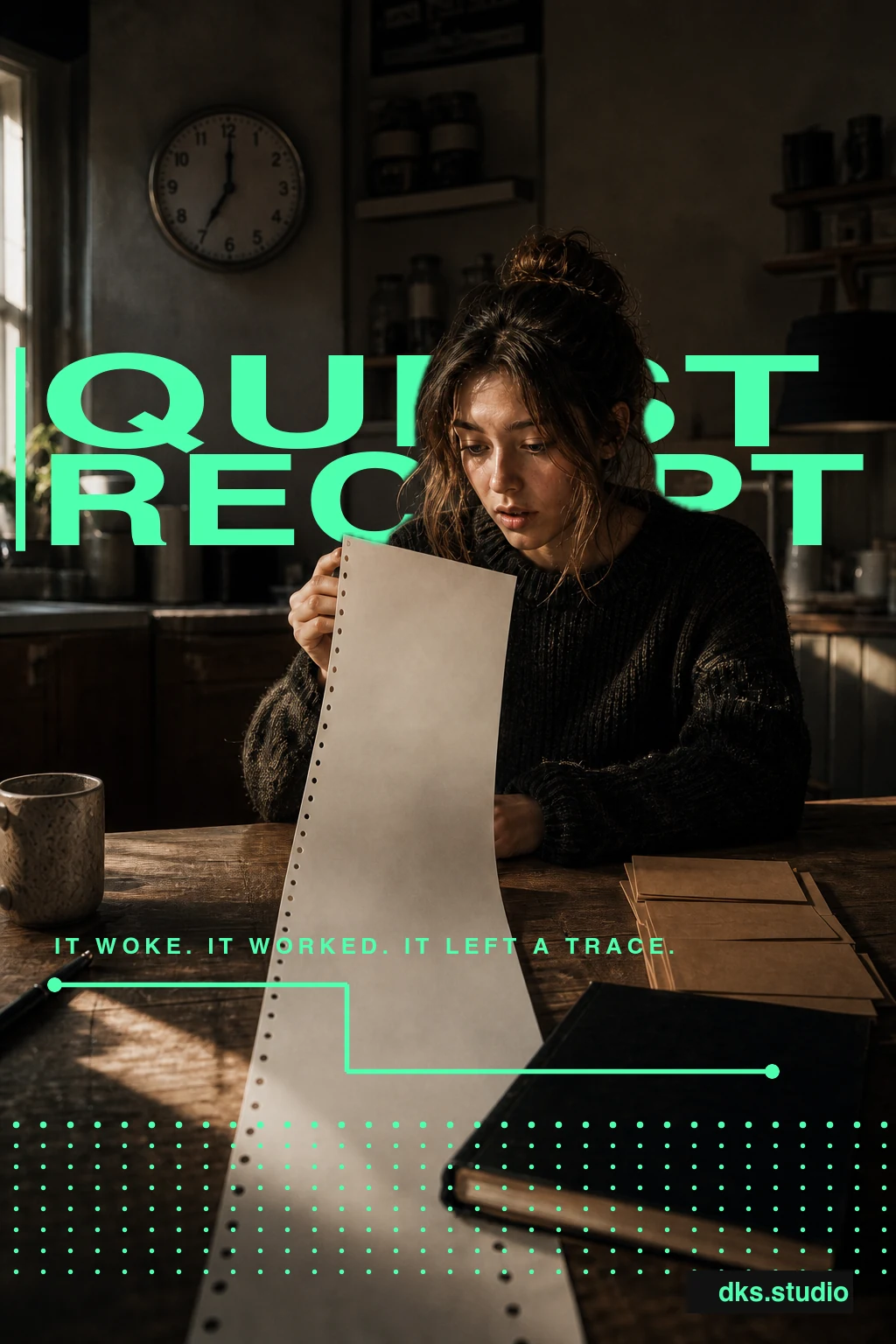 Quest Receipt poster: a publisher finds the long paper trace left by an autonomous run, with flat mint typography behind her.