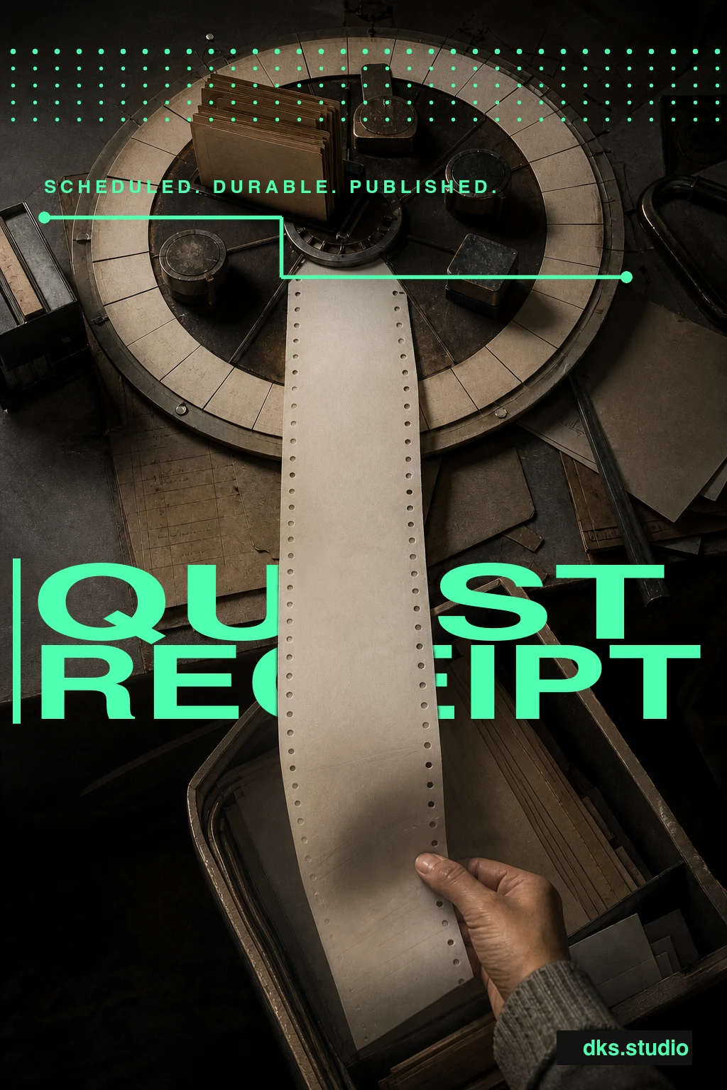 Quest Receipt poster: an overhead receipt winds through a circular machine of scheduled work beneath clean mint graphics.