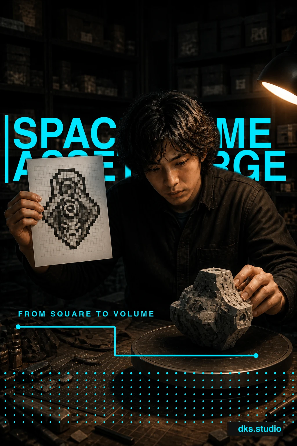 Space Game Asset Forge poster: a designer compares a pixel sketch with its faceted 3D form, crossed by flat cyan typography.