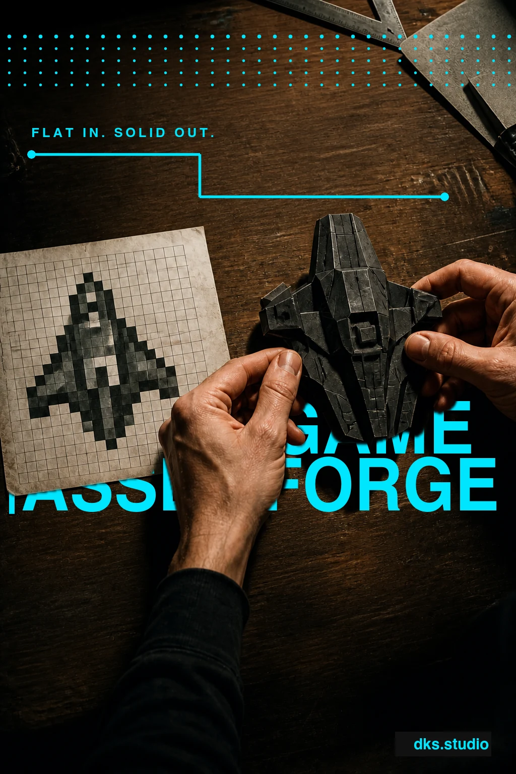 Space Game Asset Forge poster: hands align a pixel spacecraft and its solid model beneath clean cyan graphics.