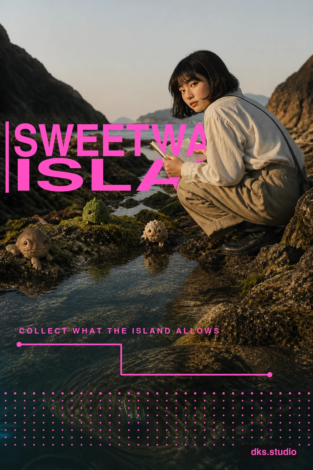 Sweetwater Island poster: a young naturalist discovers tiny creatures and a vast shape in a tide pool, with flat magenta typography.