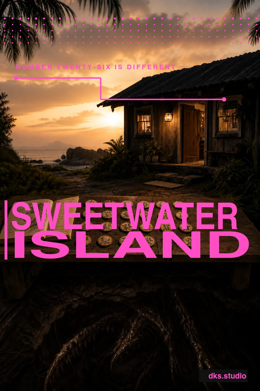Sweetwater Island poster: a sunset island cottage overlooks collected tokens and something enormous below, under clean magenta graphics.