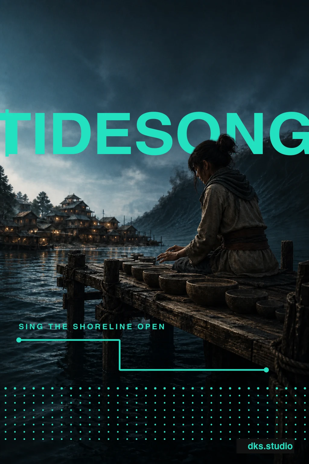Tidesong poster: a songkeeper works at the edge of a darkening shore settlement, with flat turquoise typography behind them.