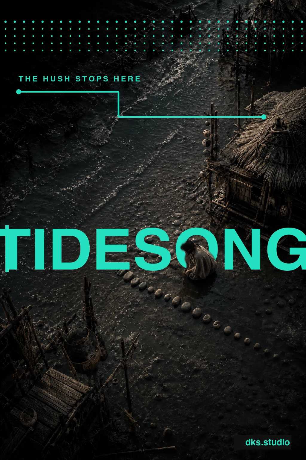 Tidesong poster: a lone figure arranges stones against an erasing tide, beneath clean turquoise editorial graphics.