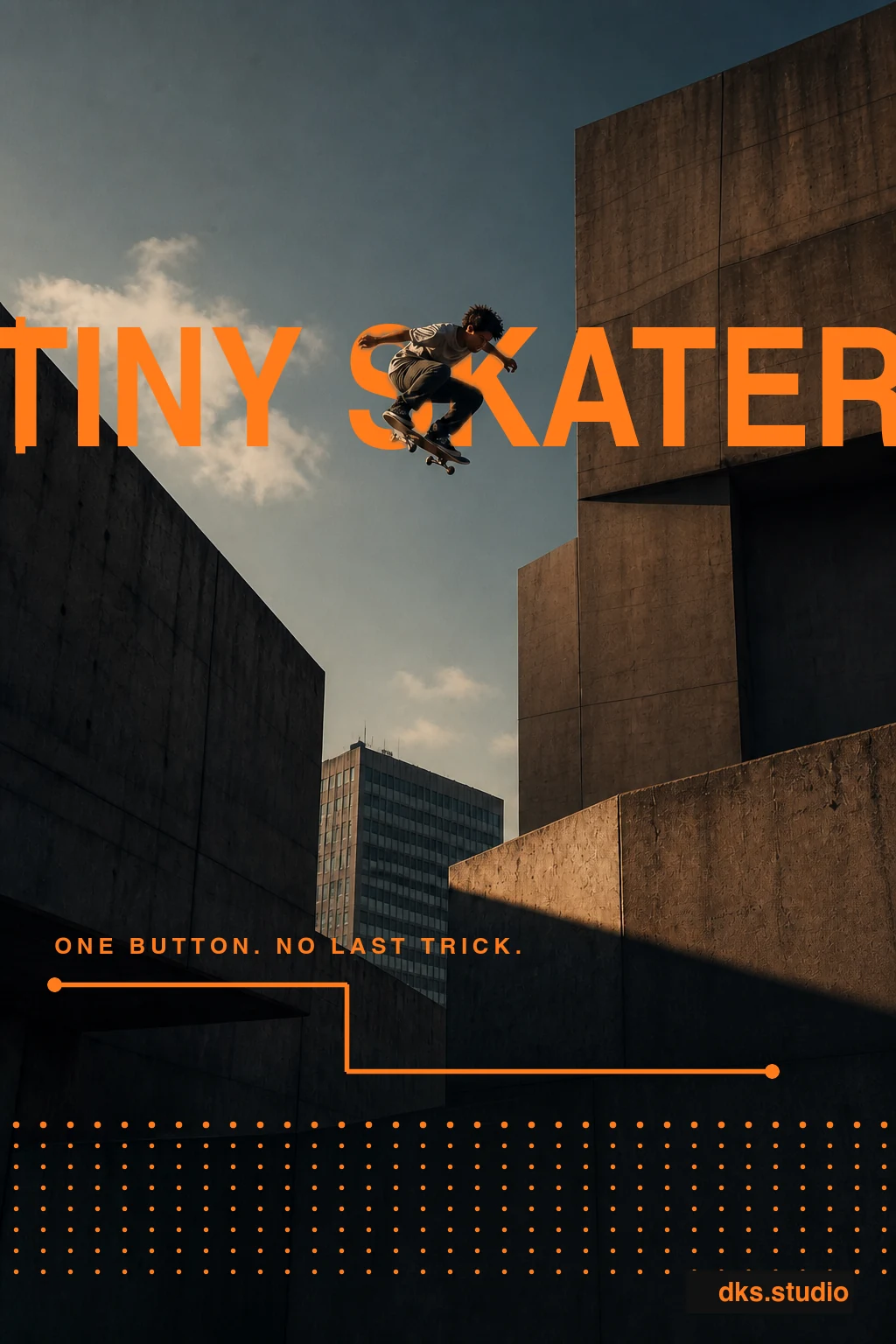 Tiny Skater poster: a skater launches across a brutalist city gap, with flat orange typography behind the jump.