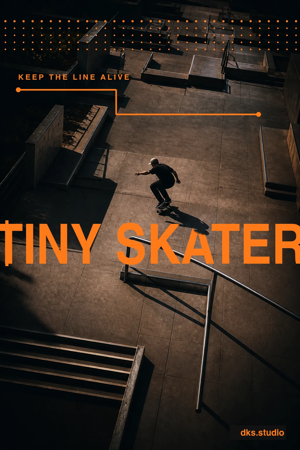 Tiny Skater poster: an overhead view follows a skater through a geometric plaza under clean orange graphics.