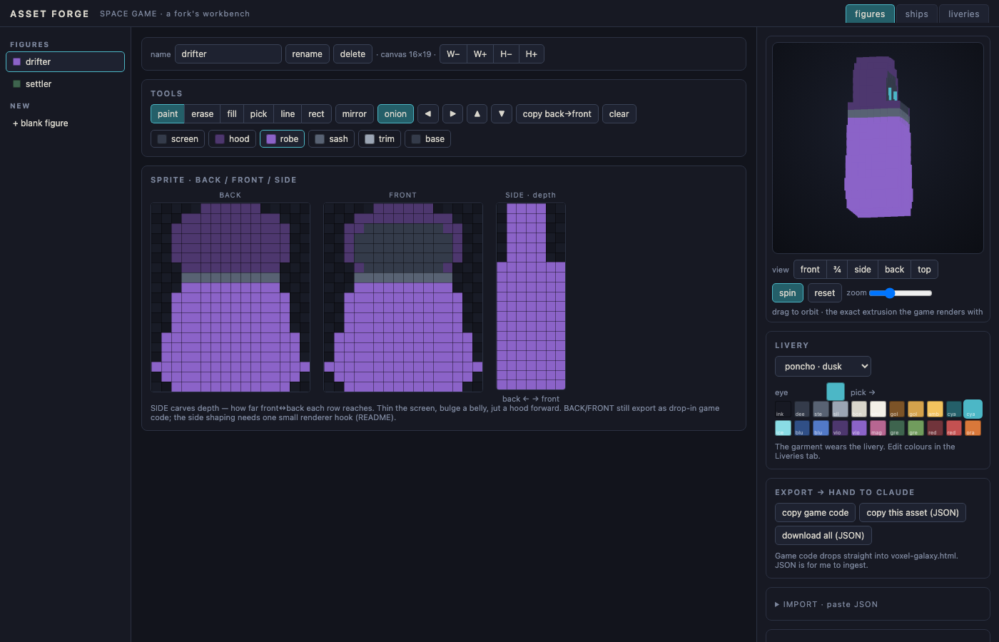 The Asset Forge: a pixel grid, a palette, and the same sprite on a turntable.