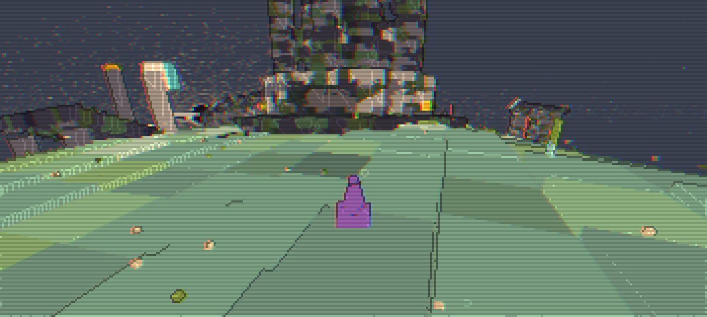 On foot on your rock: the mossy engine ahead, the hint bar naming every key.
