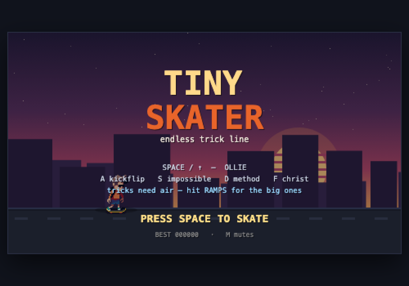 Tiny Skater title screen: press space to skate.